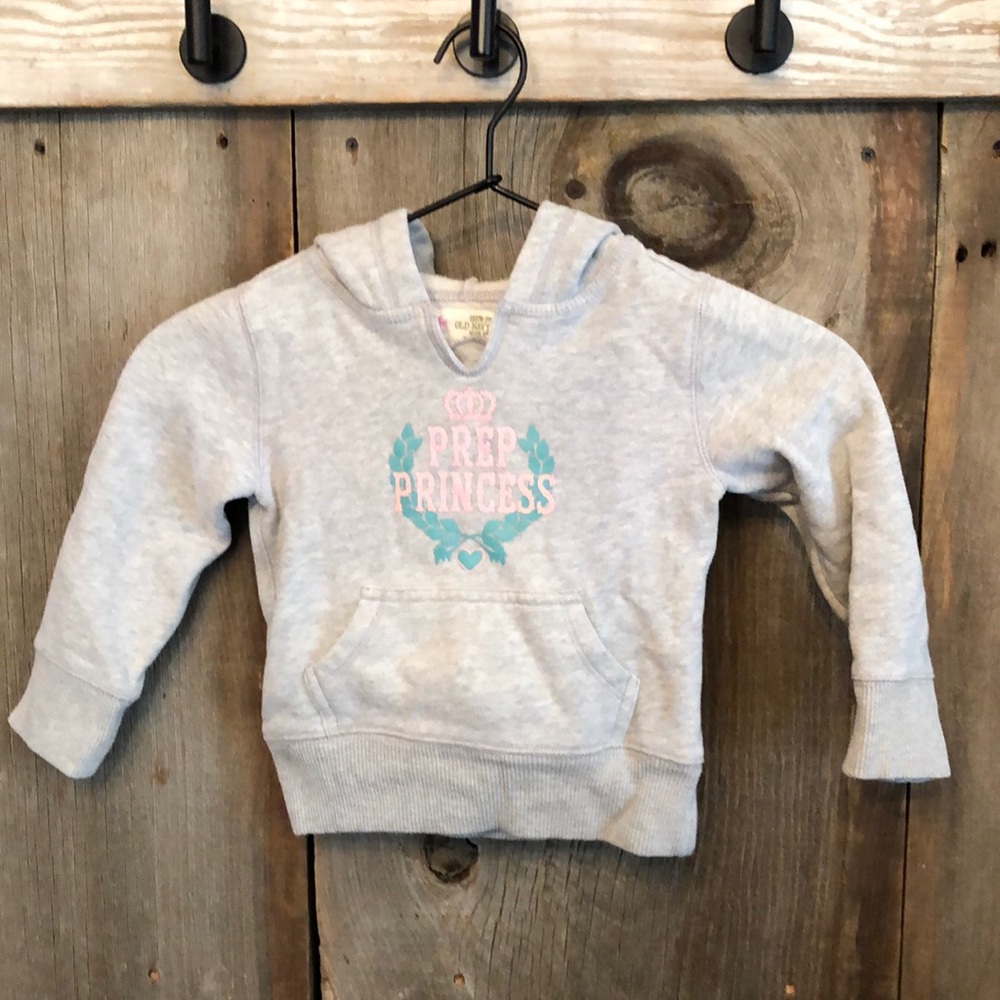 Old Navy Gray Prep Princess Glitter Graphic Sweatshirt Hoodie Pocket Size 2T